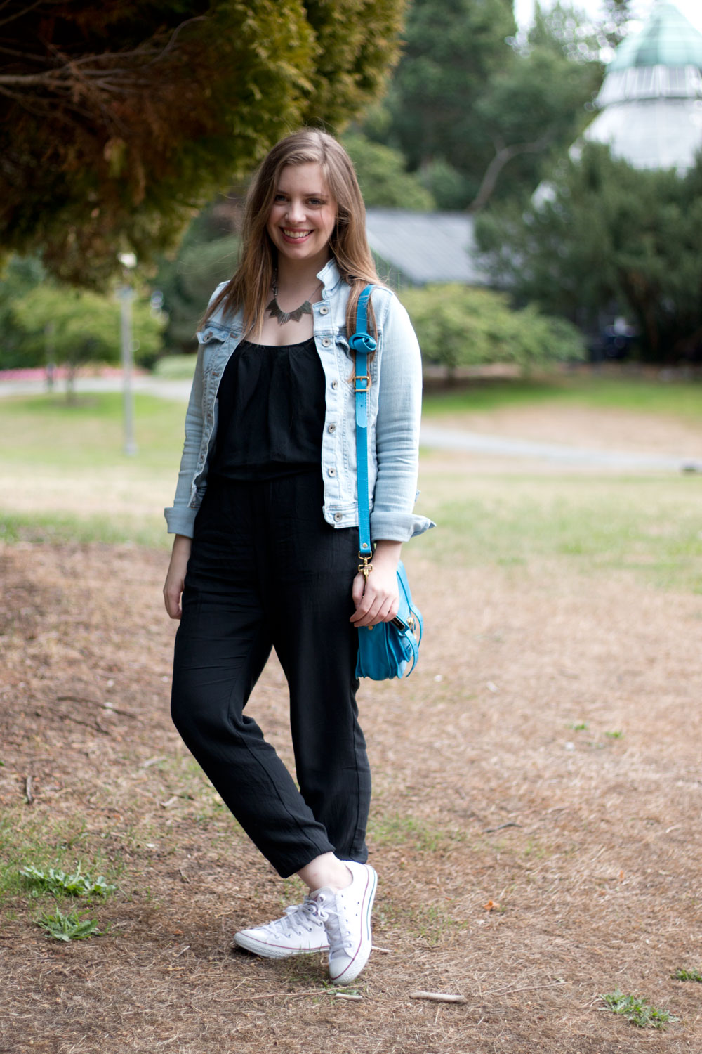 Oversized Fringe Jean Jacket + Jumpsuit + Stripes + Converse + all