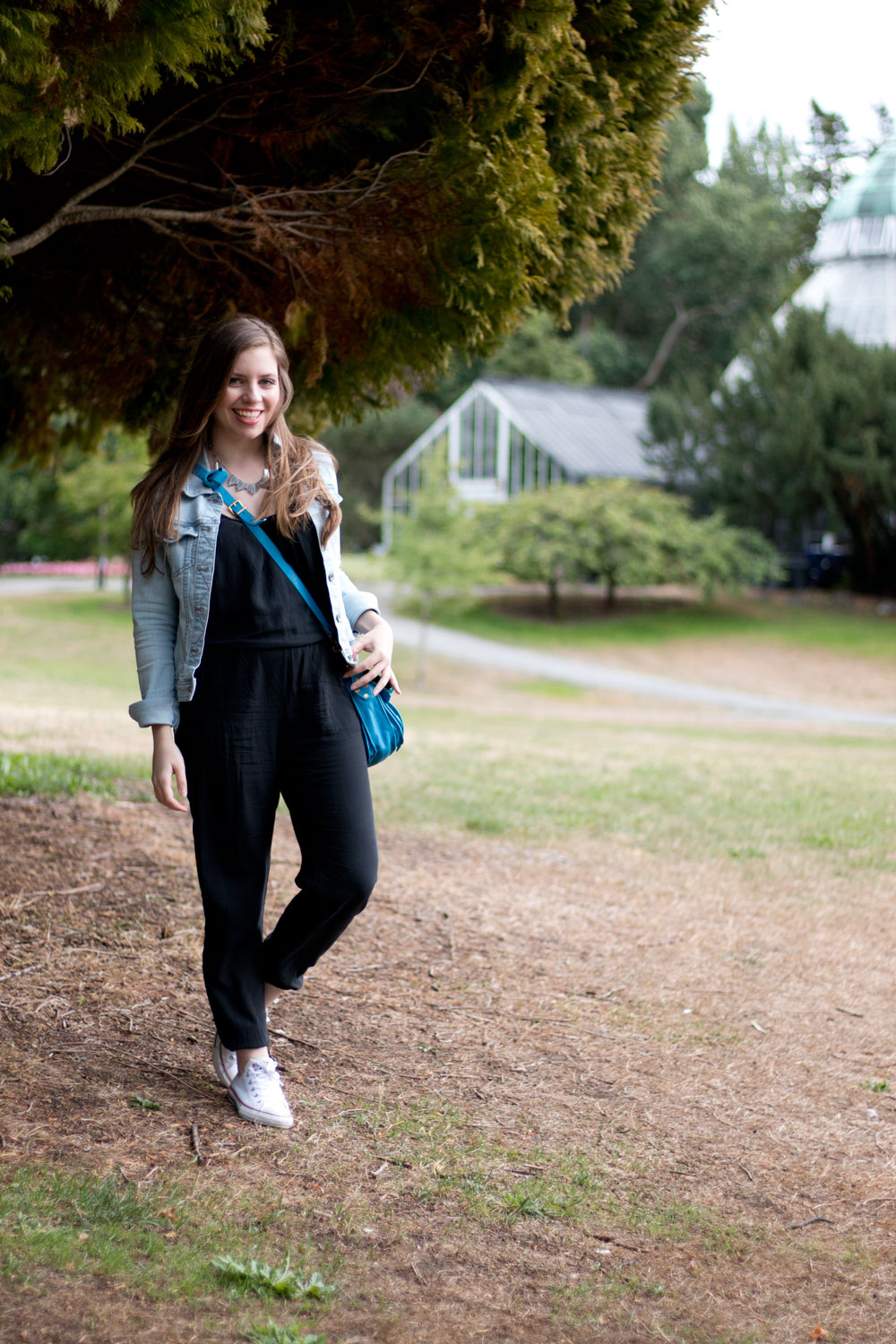 jean jacket with black jumpsuit