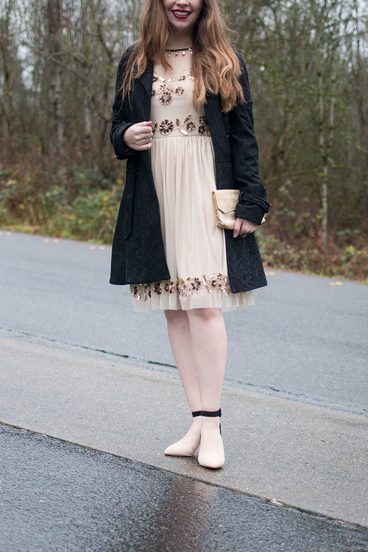 New Year Outfit Ideas: Lace Trench Coat and Frock & Frill Embellished Skater Dress Outfit // hellorigby seattle fashion & beauty blog