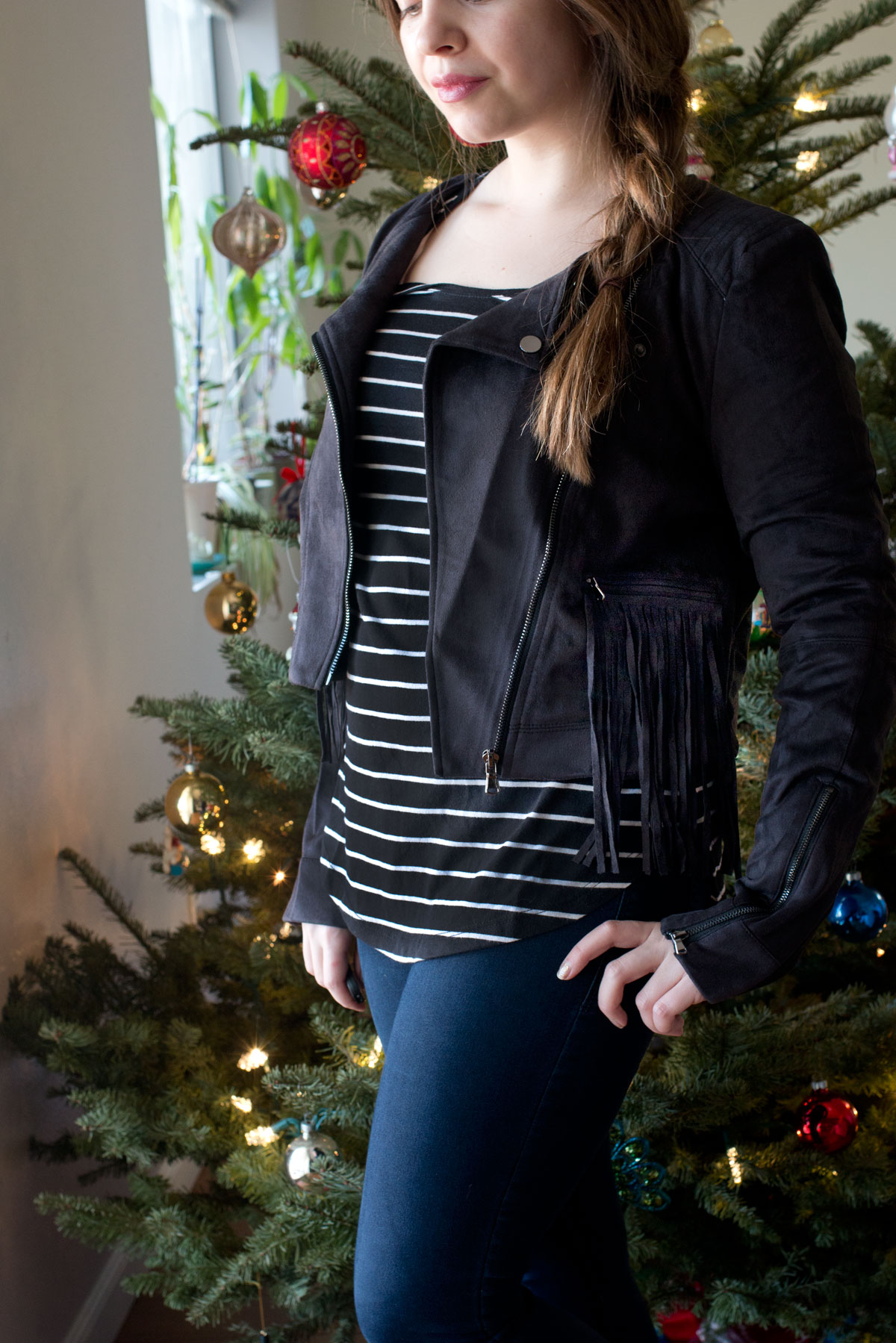 Nordstrom Half Yearly Sale 2015: Love, Fate, Destiny Faux Suede Moto Jacket with Fringe & BP High/Low Stripe Tee // hellorigby seattle fashion & beauty blog