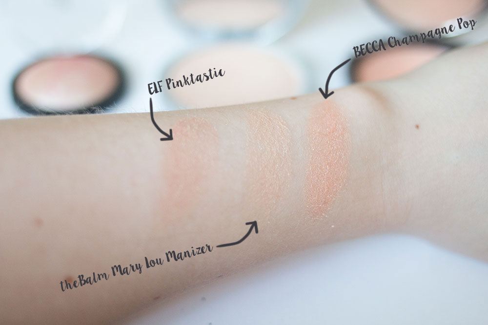 Becca Jaclyn Hill Champagne Pop vs theBalm Mary Lou Manizer vs ELF Pinktastic Blush Swatches // Best & Worst of Beauty Dupes/Duds // Hello Rigby Seattle Beauty & Style Blog