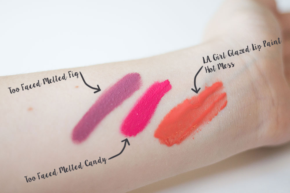 Too Faced Melted Liquified Long Wear Lipstick in Fig & Candy vs. LA Girl Glazed Lip Paint in Hot Mess Swatches // Best & Worst of Beauty Dupes/Duds // Hello Rigby Seattle Beauty & Style Blog