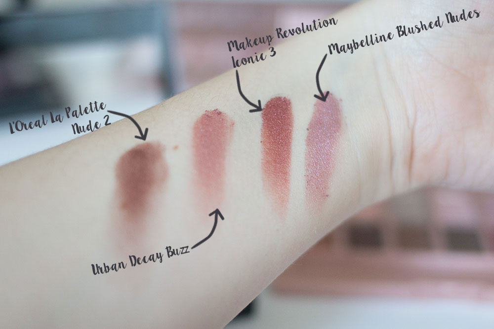Urban Decay Naked 3 Buzz Shadow Comparison vs Maybelline Blushed Nudes vs Makeup Revolution Iconic 3 vs L'Oreal La Palette 2 // Best & Worst of Beauty Dupes/Duds // Hello Rigby Seattle Beauty & Style Blog