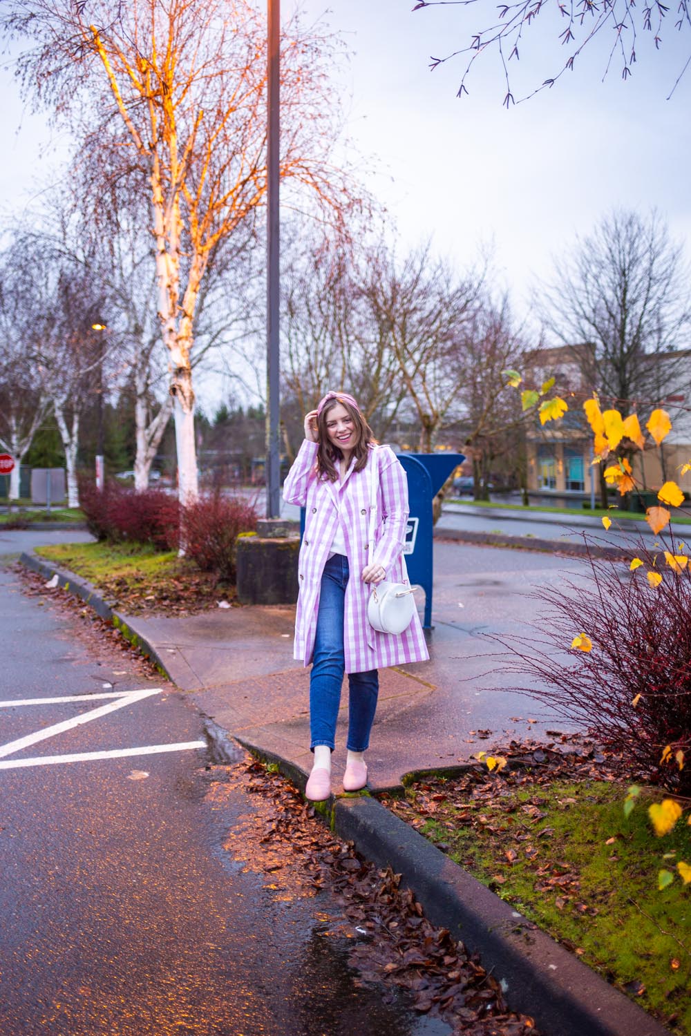 J Crew Gingham Trench Coat + Jeans for a Casual Valentines Day Outfit